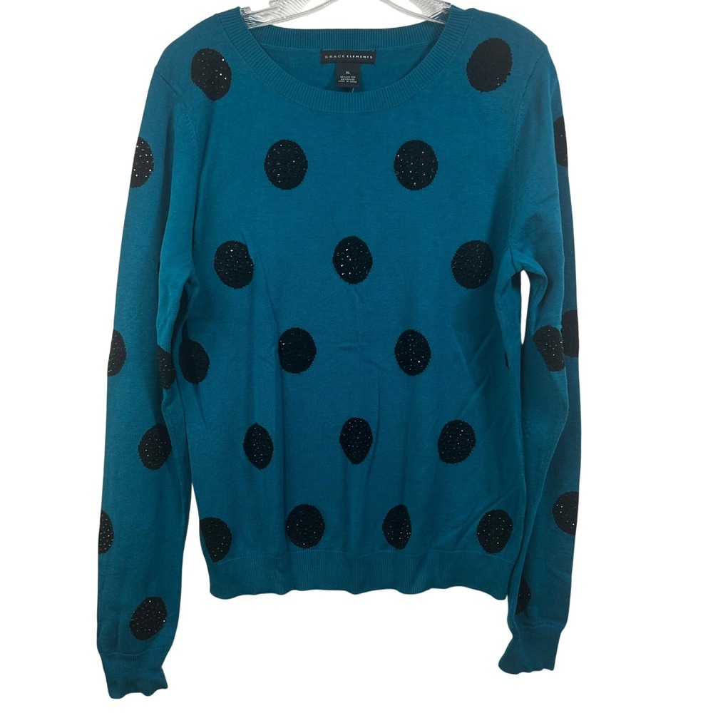 Grace Elements Womens XL Pullover Sweater Teal Black Sequin Polka Dot